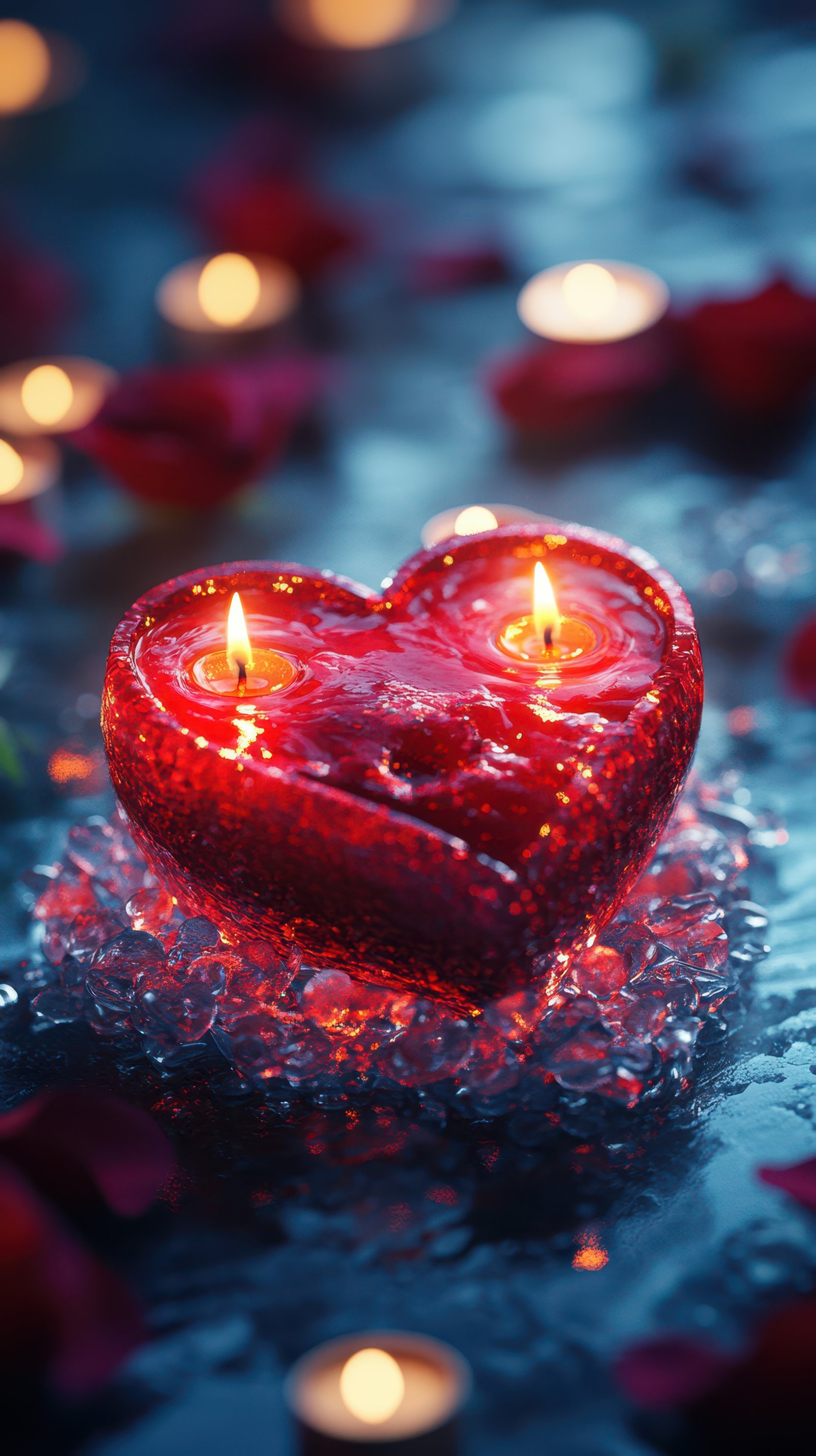 Warm glow of heart-shaped candles surrounded by rose petals and soft lighting creates a romantic atmosphere